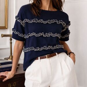 J.Crew Navy Ruffle Boatneck Sweater Top XS Feminine Preppy Coastal Knit